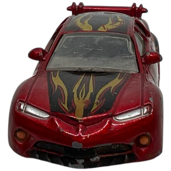 Red Diecast Toy Car with Yellow Flame Decals & Rear Spoiler 1:64 - Picture 3 of 7